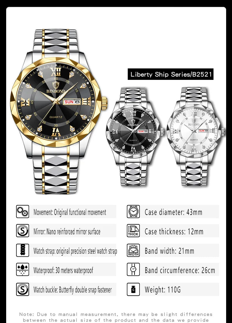 BINBOND B2521 Top Brand Diamond Mirror Luxury Men Quartz Wristwatch