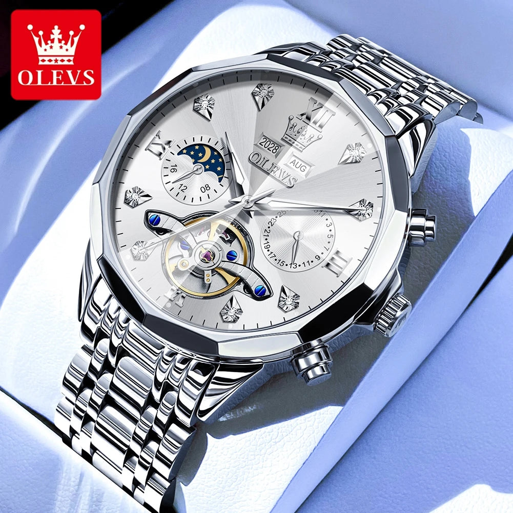 OLEVS 6621 Men's Skeleton Moon Phase Automatic Watch – Luminous, Prism Mirror, Stylish