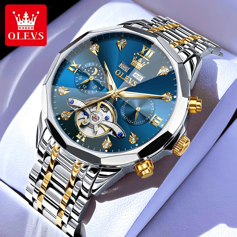 OLEVS 6621 Men's Skeleton Moon Phase Automatic Watch – Luminous, Prism Mirror, Stylish