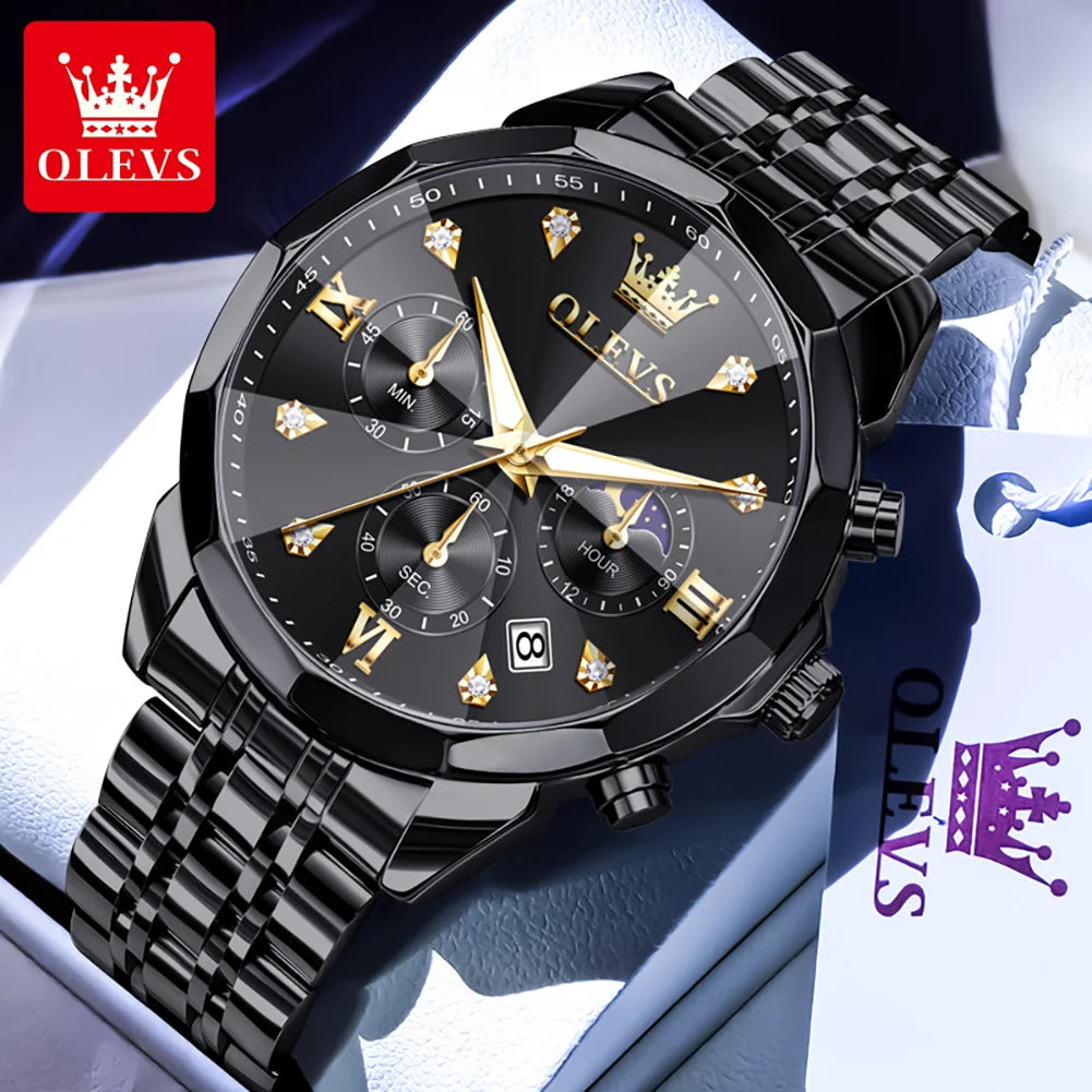 OLEVS 3670 Diamond Mirror Luxury Chronograph Stainless Steel Quartz Wrist Watch
