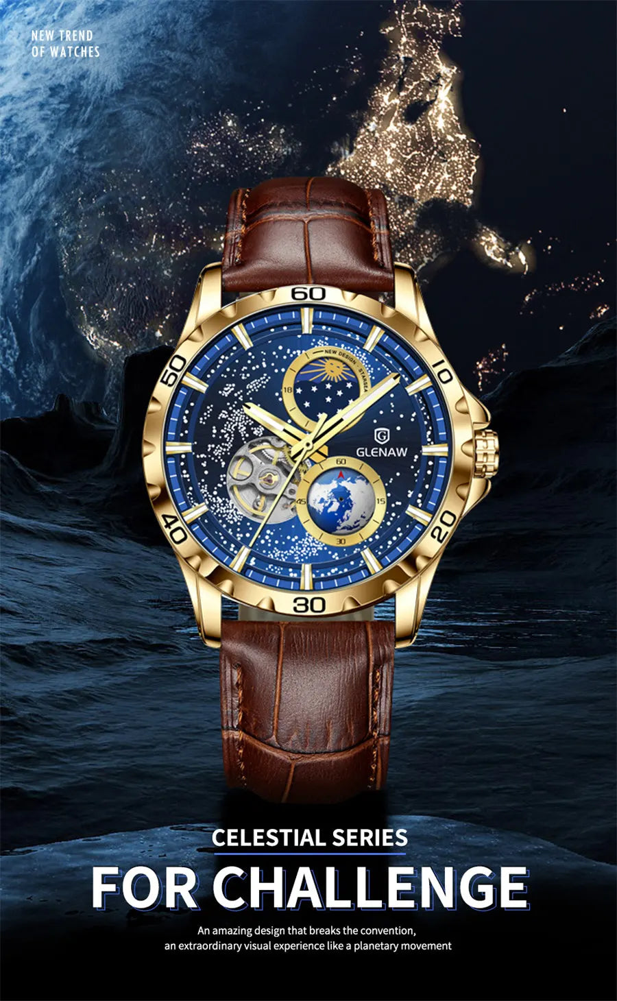 GLENAW GL8950 New Men's Automatic Skeleton, Starry Sky Mechanical Watch