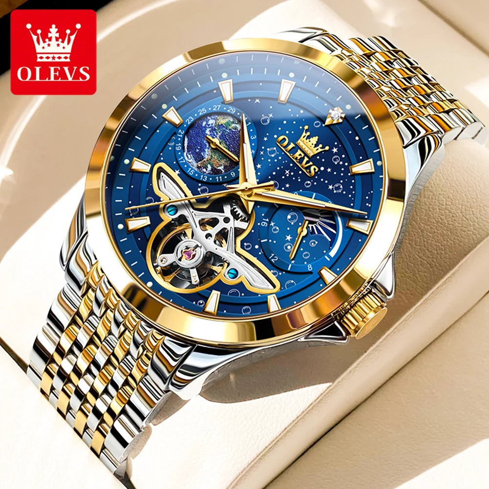 OLEVS 6705 Men's Luxury Starry Sky Dial Moon Phase – Luminous, Waterproof, Wristwatch