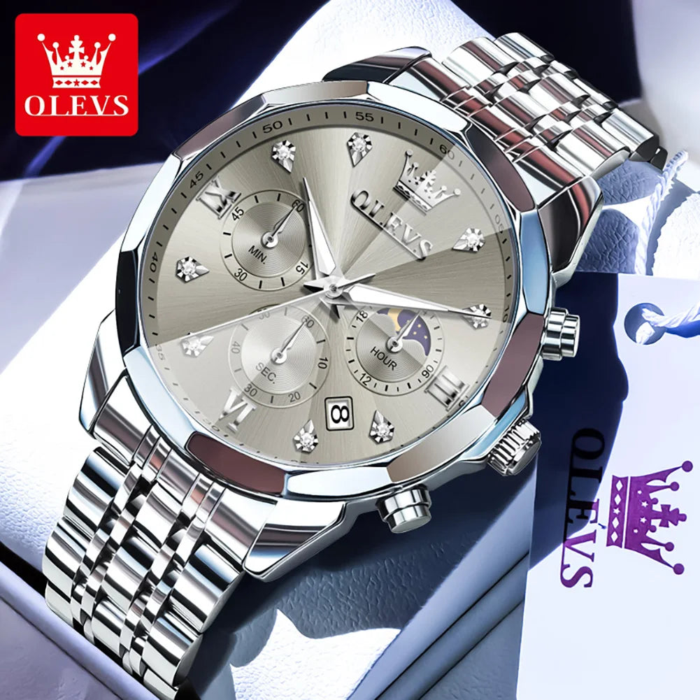 OLEVS 3670 Diamond Mirror Luxury Chronograph Stainless Steel Quartz Wrist Watch