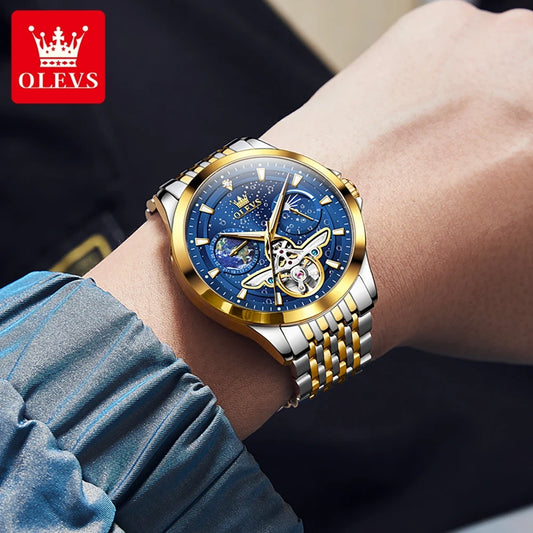 OLEVS 6705 Men's Luxury Starry Sky Dial Moon Phase – Luminous, Waterproof, Wristwatch