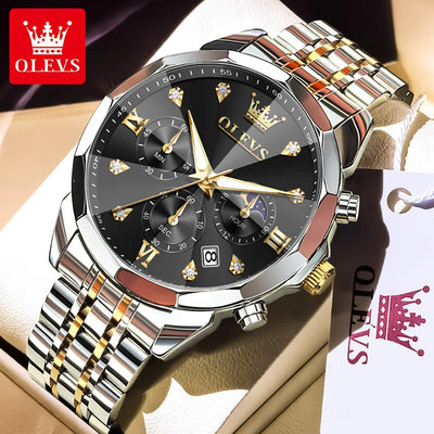 OLEVS 3670 Diamond Mirror Luxury Chronograph Stainless Steel Quartz Wrist Watch