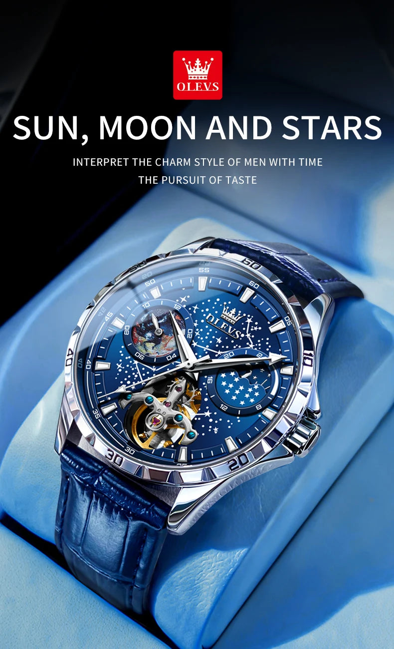 OLEVS 6689 Starry Sky Disk Waterproof Luminous Automatic Moon Phase Wristwatch