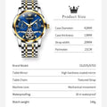 OLEVS watch with product size and feature details on a white background