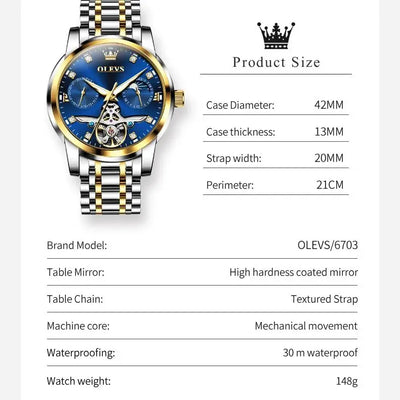 OLEVS watch with product size and feature details on a white background
