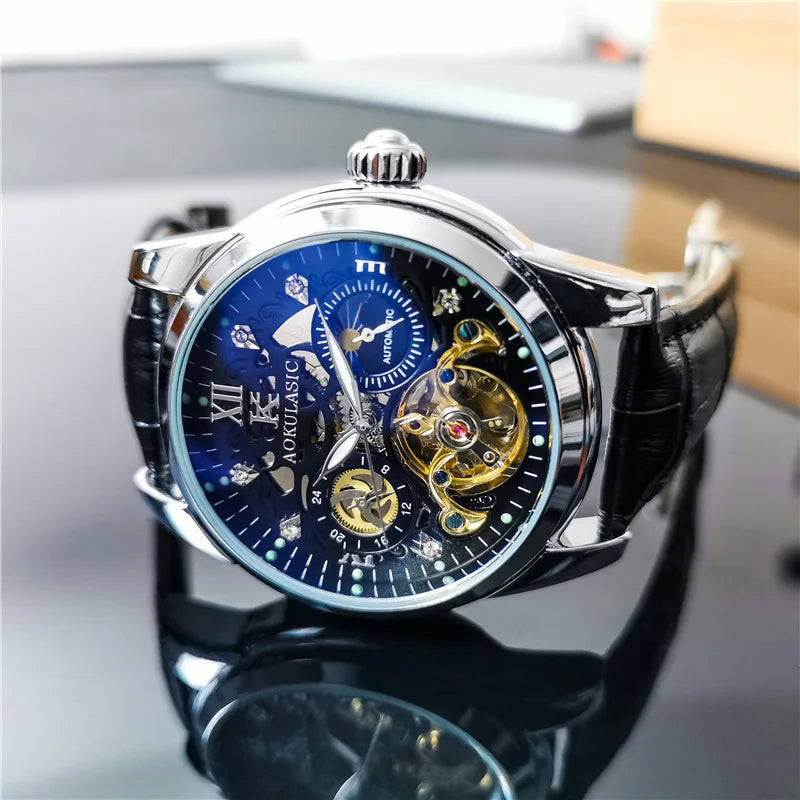 AOKULASIC 014 Skeleton, Moon Phase, Automatic Mechanical Watch Leather Strap