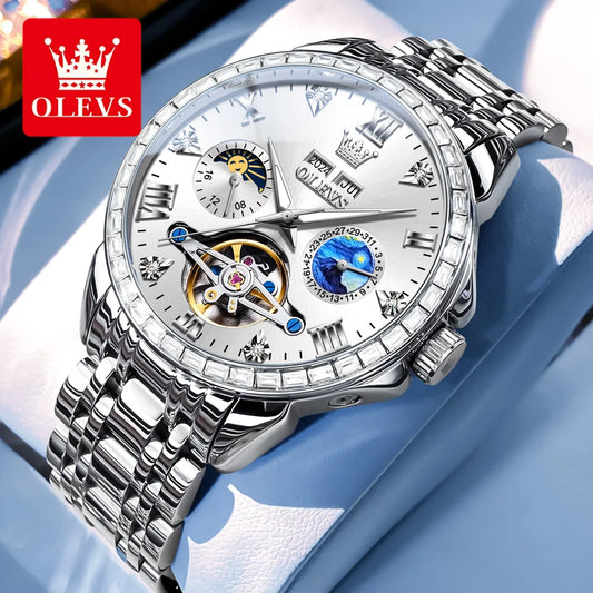 OLEVS 6712 Men's Skeleton Watch – Flywheel, Moon Phase, Waterproof, Diamond Bezel