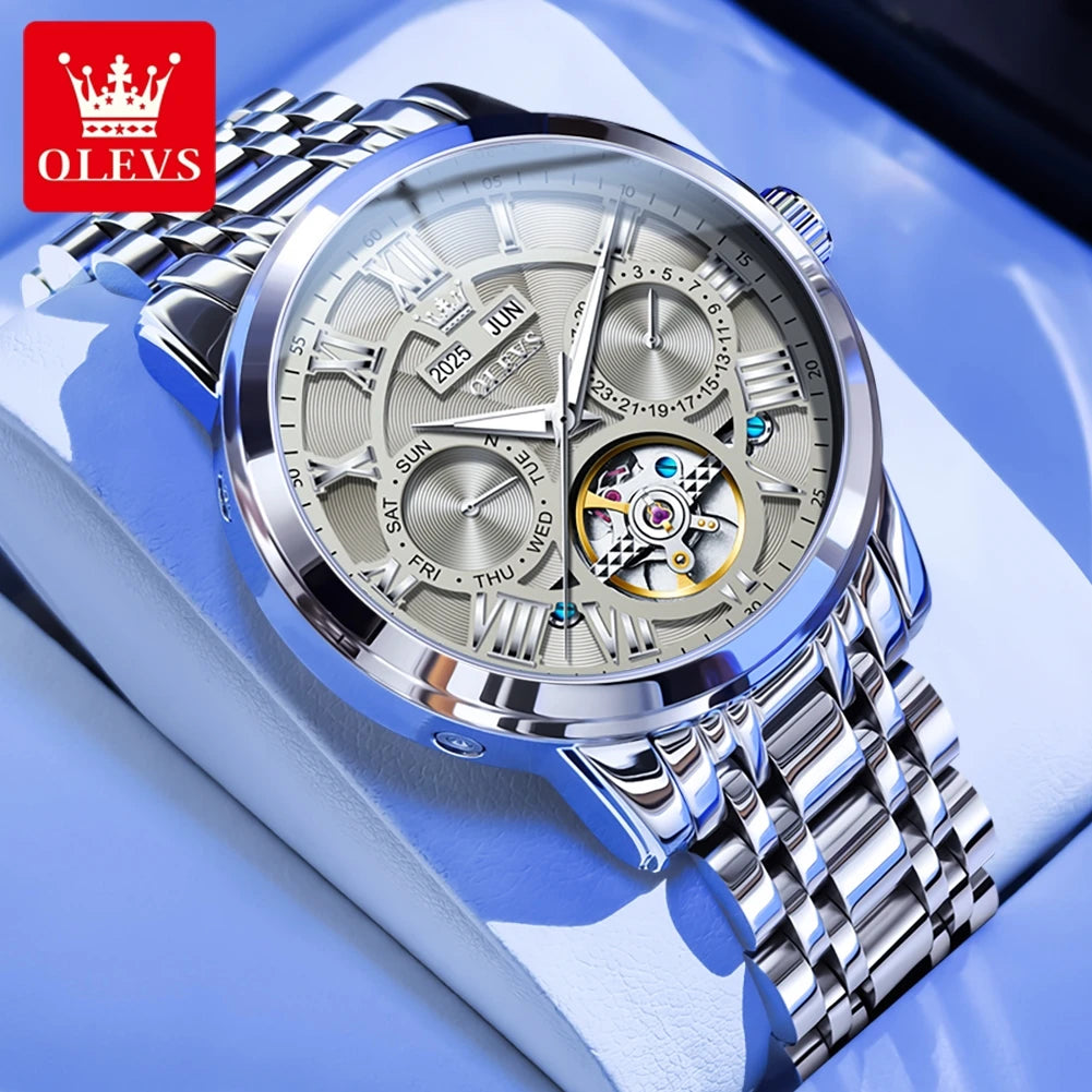 OLEVS 6668 Original Skeleton Waterproof Solid Stainless steel Automatic Mechanical Watch