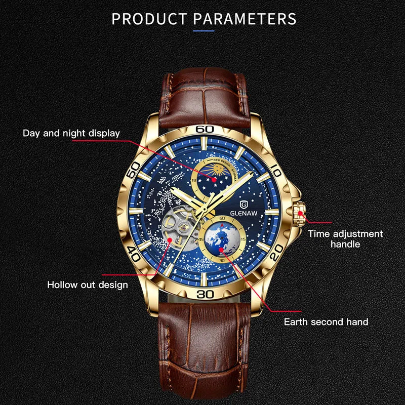 GLENAW GL8950 New Men's Automatic Skeleton, Starry Sky Mechanical Watch