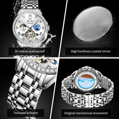 OLEVS 6712 Men's Skeleton Watch – Flywheel, Moon Phase, Waterproof, Diamond Bezel