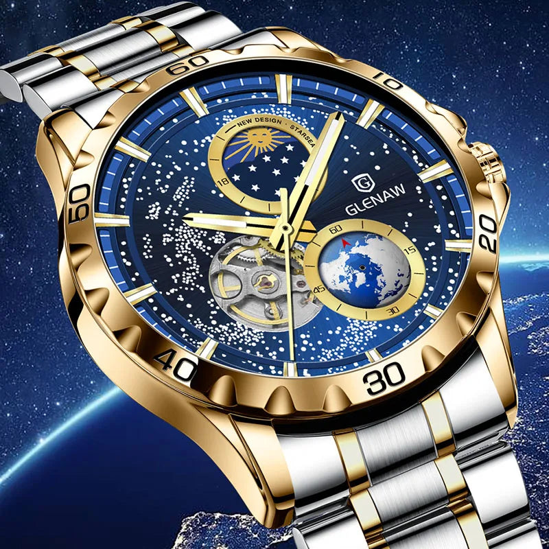 GLENAW GL8950 New Men's Automatic Skeleton, Starry Sky Mechanical Watch