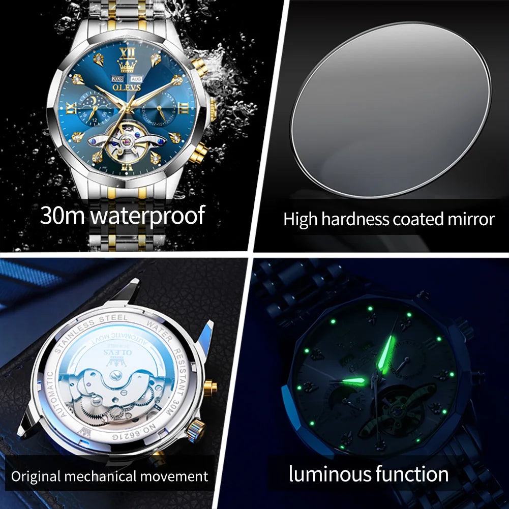 OLEVS 6621 Men's Skeleton Moon Phase Automatic Watch – Luminous, Prism Mirror, Stylish