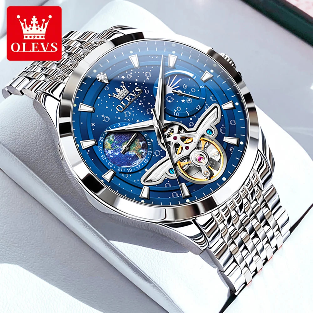 OLEVS 6705 Men's Luxury Starry Sky Dial Moon Phase – Luminous, Waterproof, Wristwatch