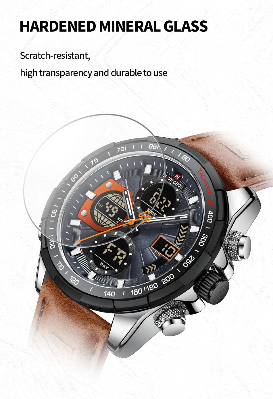 NAVIFORCE 9197L Strong Luminous Dual Display Waterproof Quartz Genuine Leather Wristwatch