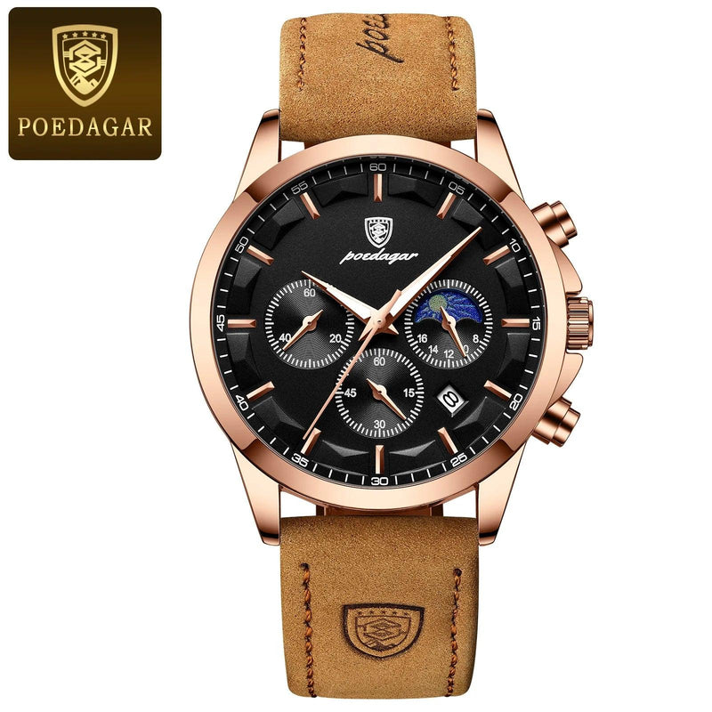 POEDAGAR 928 Leather Men Quartz Watch Luxury Chronograph