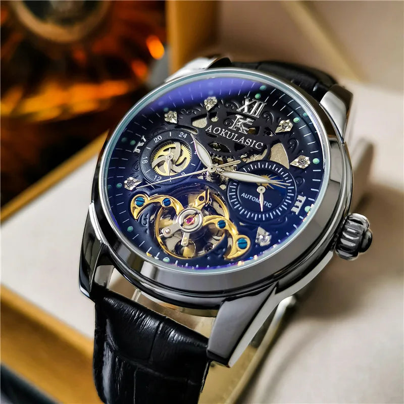 AOKULASIC 014 Skeleton, Moon Phase, Automatic Mechanical Watch Leather Strap