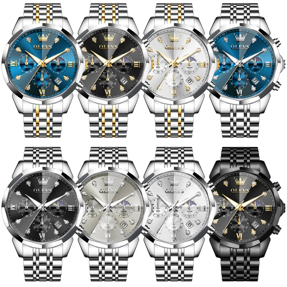 OLEVS 3670 Diamond Mirror Luxury Chronograph Stainless Steel Quartz Wrist Watch