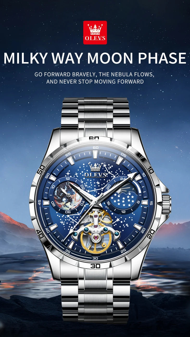 OLEVS 6689 Starry Sky Disk Waterproof Luminous Automatic Moon Phase Wristwatch