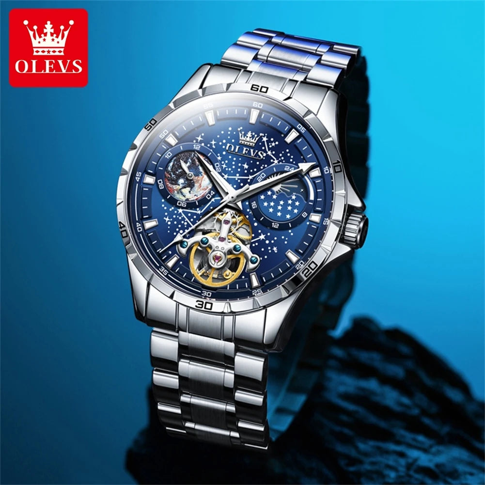 OLEVS 6689 Starry Sky Disk Waterproof Luminous Automatic Moon Phase Wristwatch