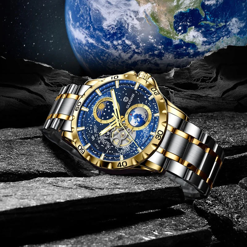 GLENAW GL8950 New Men's Automatic Skeleton, Starry Sky Mechanical Watch