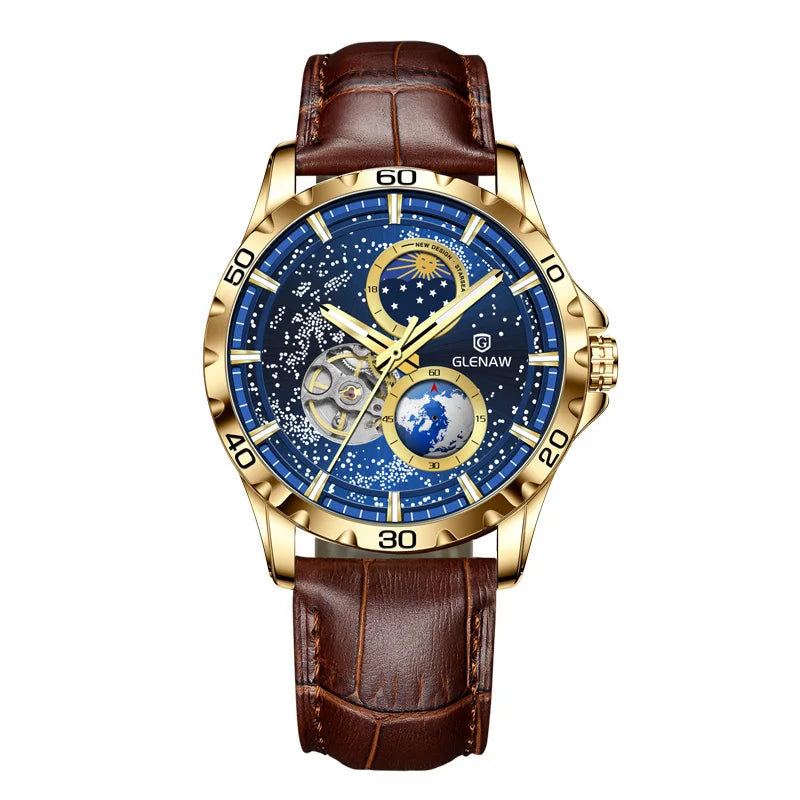 GLENAW GL8950 New Men's Automatic Skeleton, Starry Sky Mechanical Watch