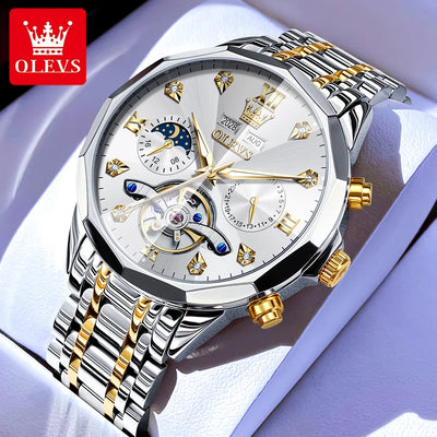 OLEVS 6621 Men's Skeleton Moon Phase Automatic Watch – Luminous, Prism Mirror, Stylish