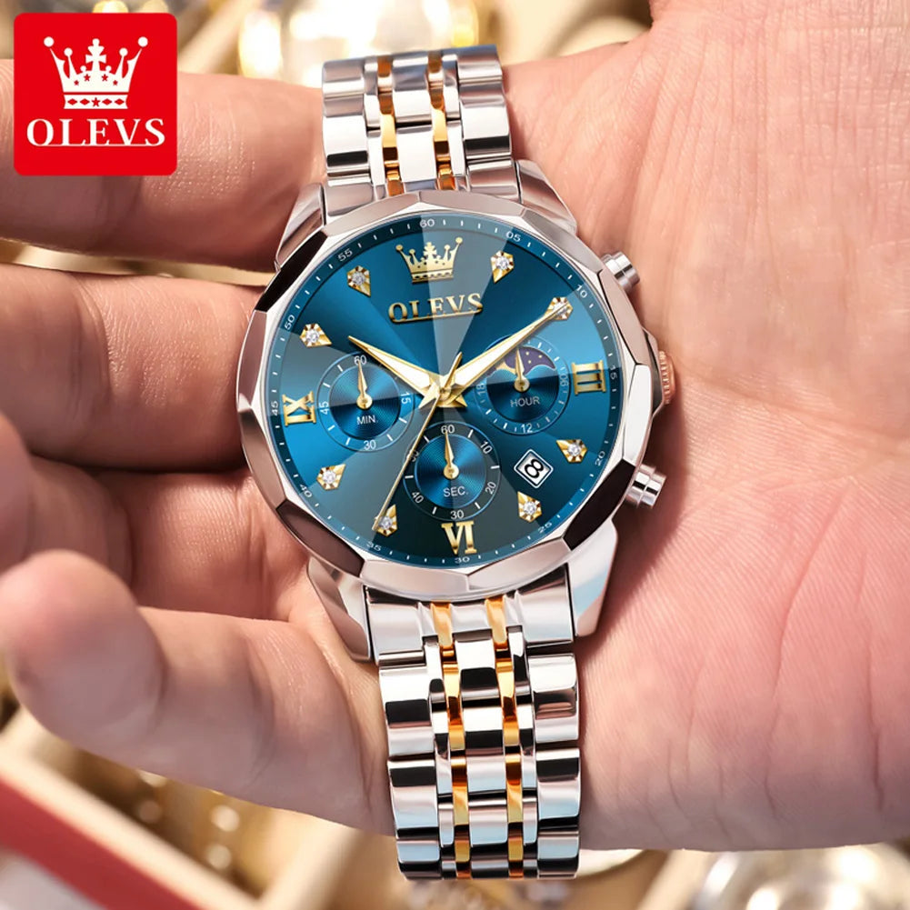 OLEVS 3670 Diamond Mirror Luxury Chronograph Stainless Steel Quartz Wrist Watch