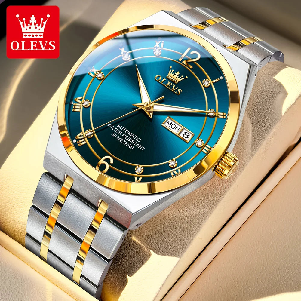 Luxury watch with blue dial and gold accents on a beige background, featuring the OLEVS brand.