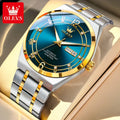 Luxury watch with blue dial and gold accents on a beige background, featuring the OLEVS brand.