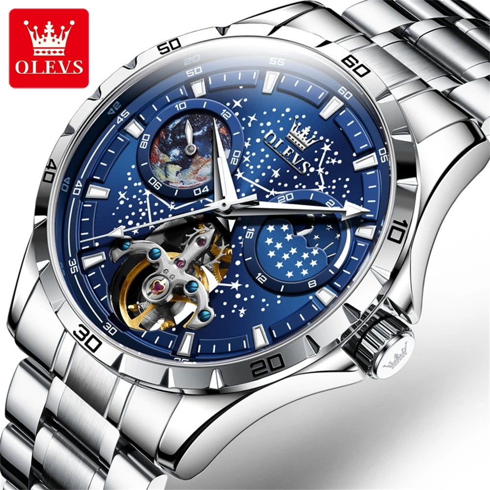 OLEVS 6689 Starry Sky Disk Waterproof Luminous Automatic Moon Phase Wristwatch