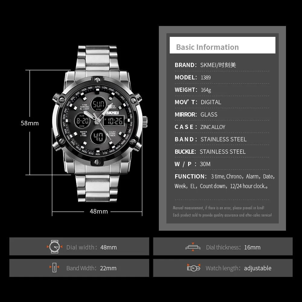 SKMEI 3 Time Back Light Display Digital Watches Mens 1389