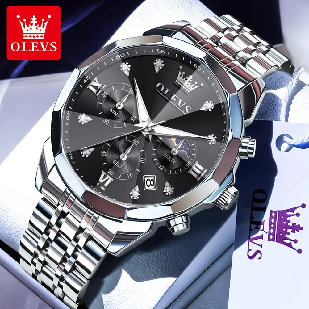 OLEVS 3670 Diamond Mirror Luxury Chronograph Stainless Steel Quartz Wrist Watch