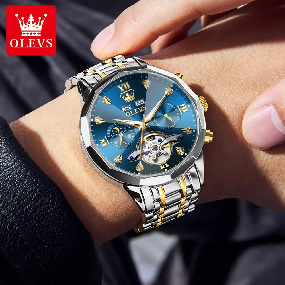 OLEVS 6621 Men's Skeleton Moon Phase Automatic Watch – Luminous, Prism Mirror, Stylish