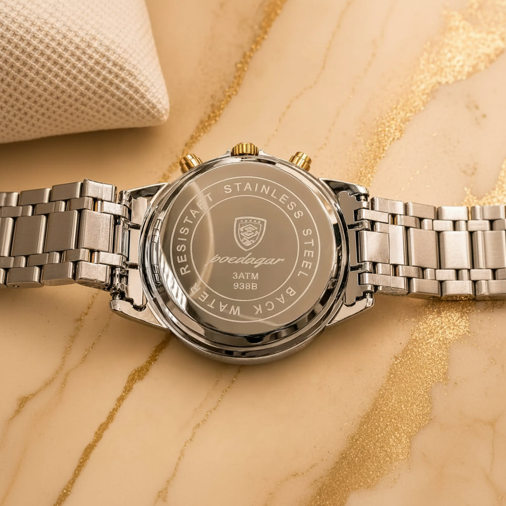 POEDAGAR 938 Diamond Mirror Chronograph, Original Quartz Men's Watch
