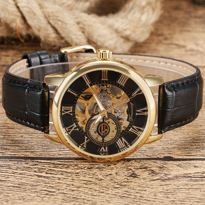 Forsining Skeleton Hollow Mechanical Watch for Men Leather Strap