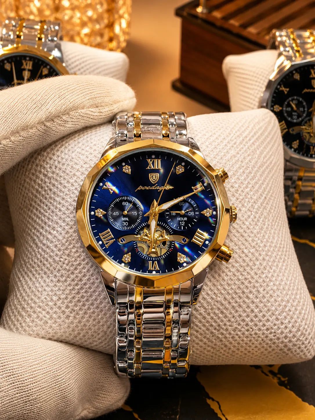 POEDAGAR 938 Diamond Mirror Chronograph, Original Quartz Men's Watch