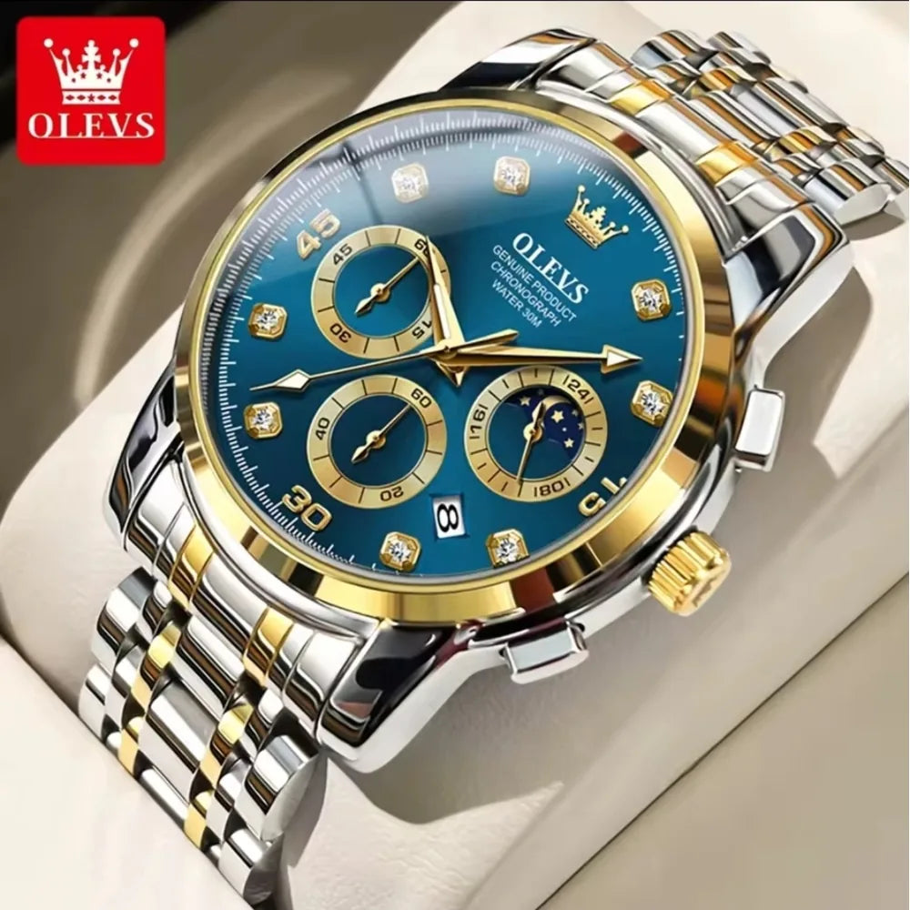 OLEVS 2889 Gold Blue luxury chronograph watch, close-up variant product image