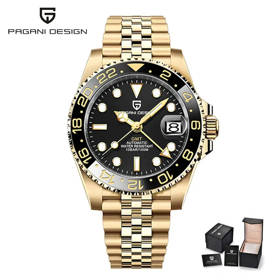 PAGANI DESIGN PD-1662 V3 Automatic Watch for Men | Sapphire Crystal | 10ATM Waterproof | Ceramic Bezel PD-1662 Gold Black