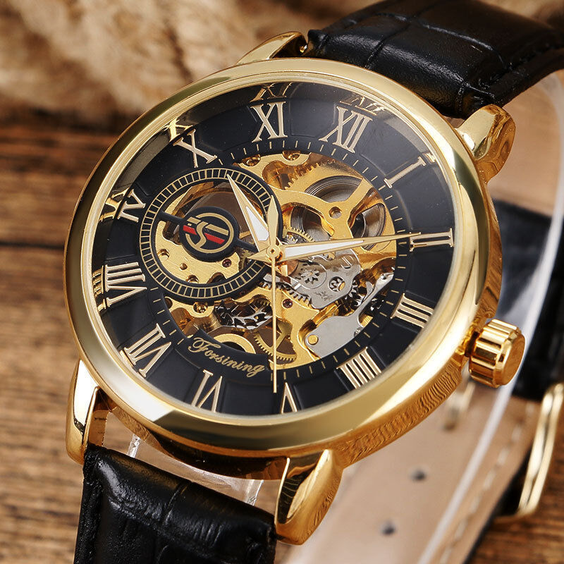 Forsining Skeleton Hollow Mechanical Watch for Men Leather Strap